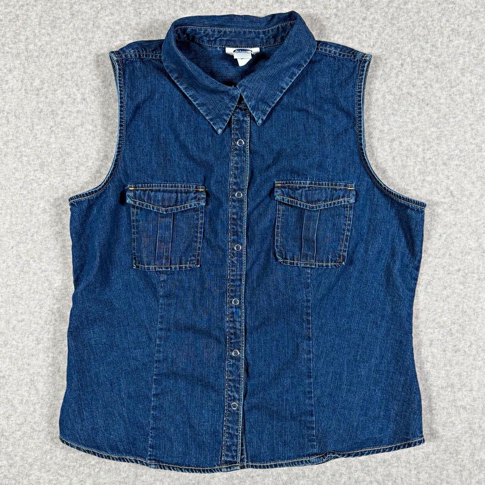Old Navy Women's Blue Denim Sleeveless Collared Button-Up Shirt Pockets L